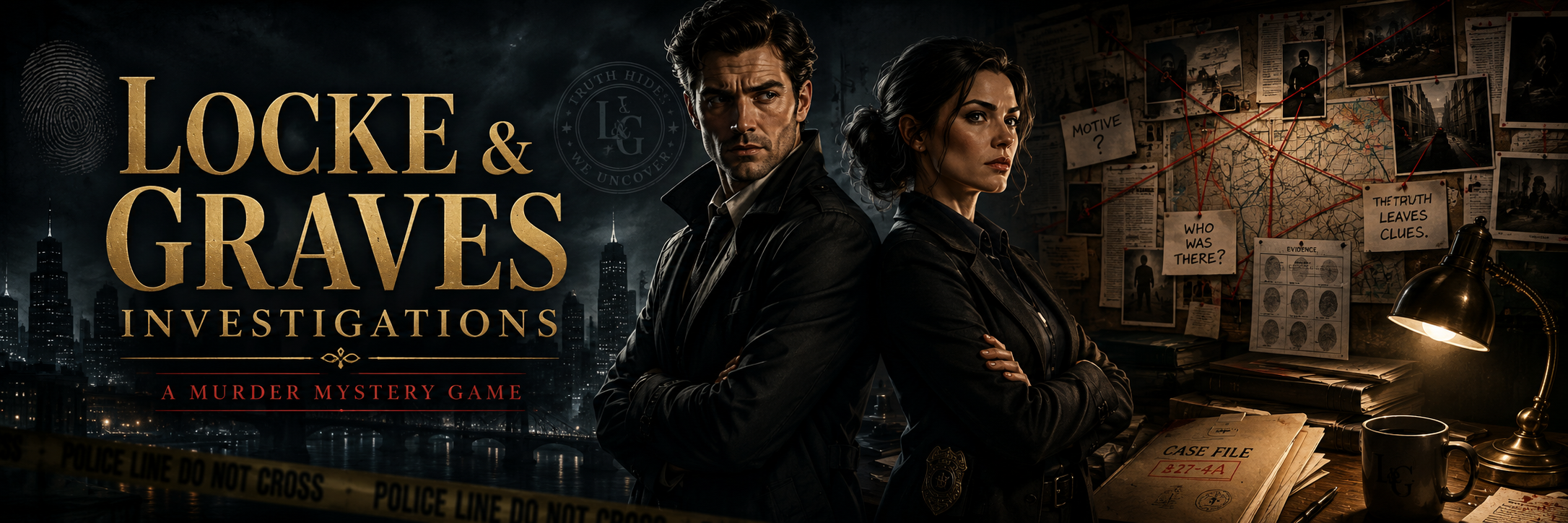 Locke & Graves Investigations: two detectives in front of a wall of evidence